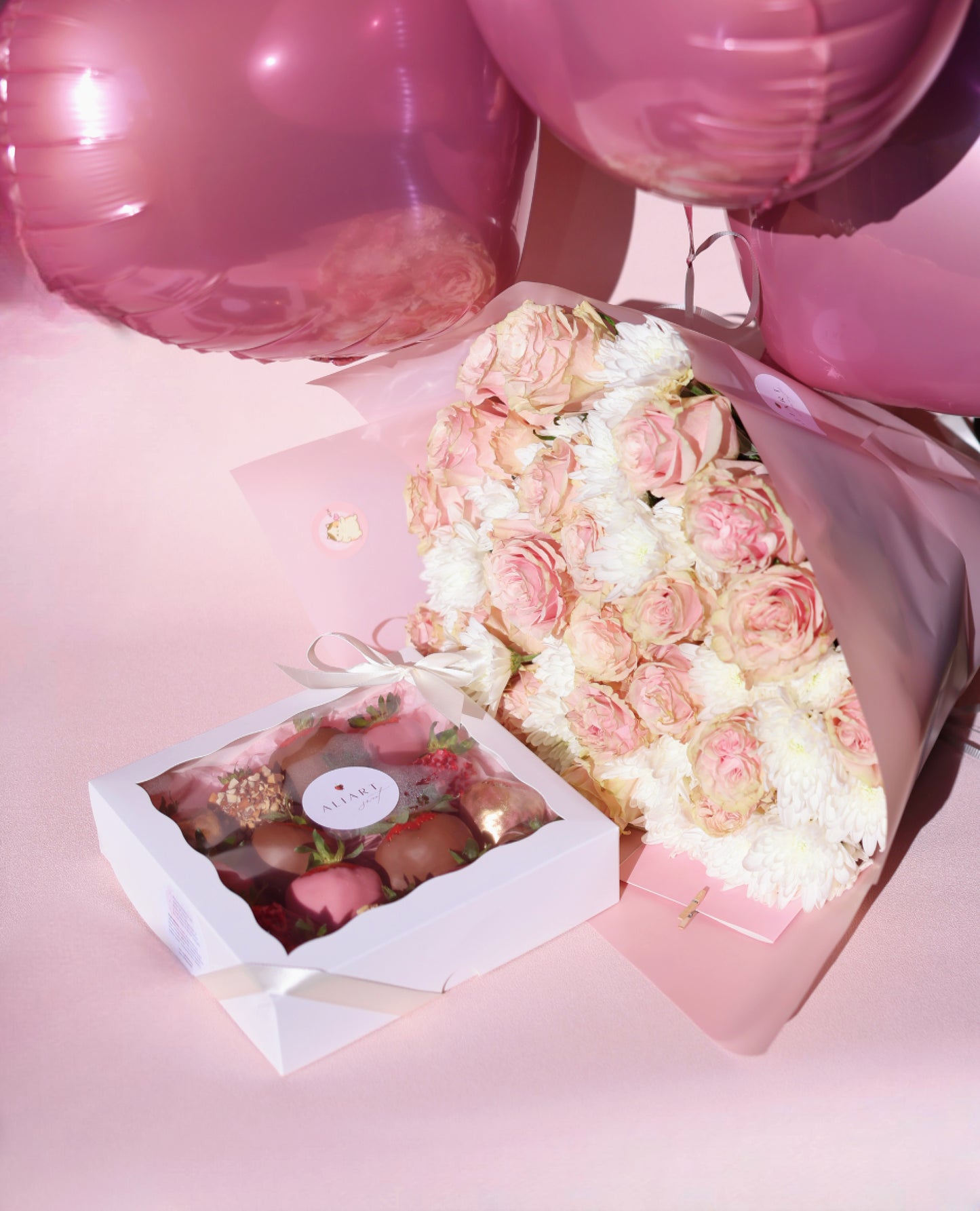 Delight your loved ones with our amazing gift set: chocolate-covered strawberries, a beautiful flower bouquet, and colorful balloons.
Indulge them in sweet treats, express your feelings with vibrant blooms, and create a festive atmosphere with cheerful balloons. This combination is perfect for birthdays, romantic dates, or just to brighten someone’s day.
Order now and make every moment special!