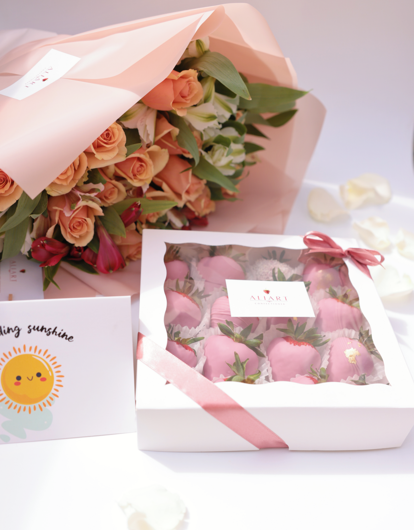 Celebrate special moments with our delightful set featuring luxurious chocolate-covered strawberries, vibrant seasonal flowers, and a personalized greeting card. Each strawberry is hand-dipped in smooth, rich chocolate, creating a delectable treat that pairs perfectly with the fresh, colorful blooms. This beautifully arranged set is completed with a heartfelt greeting card, making it an ideal gift for any occasion.