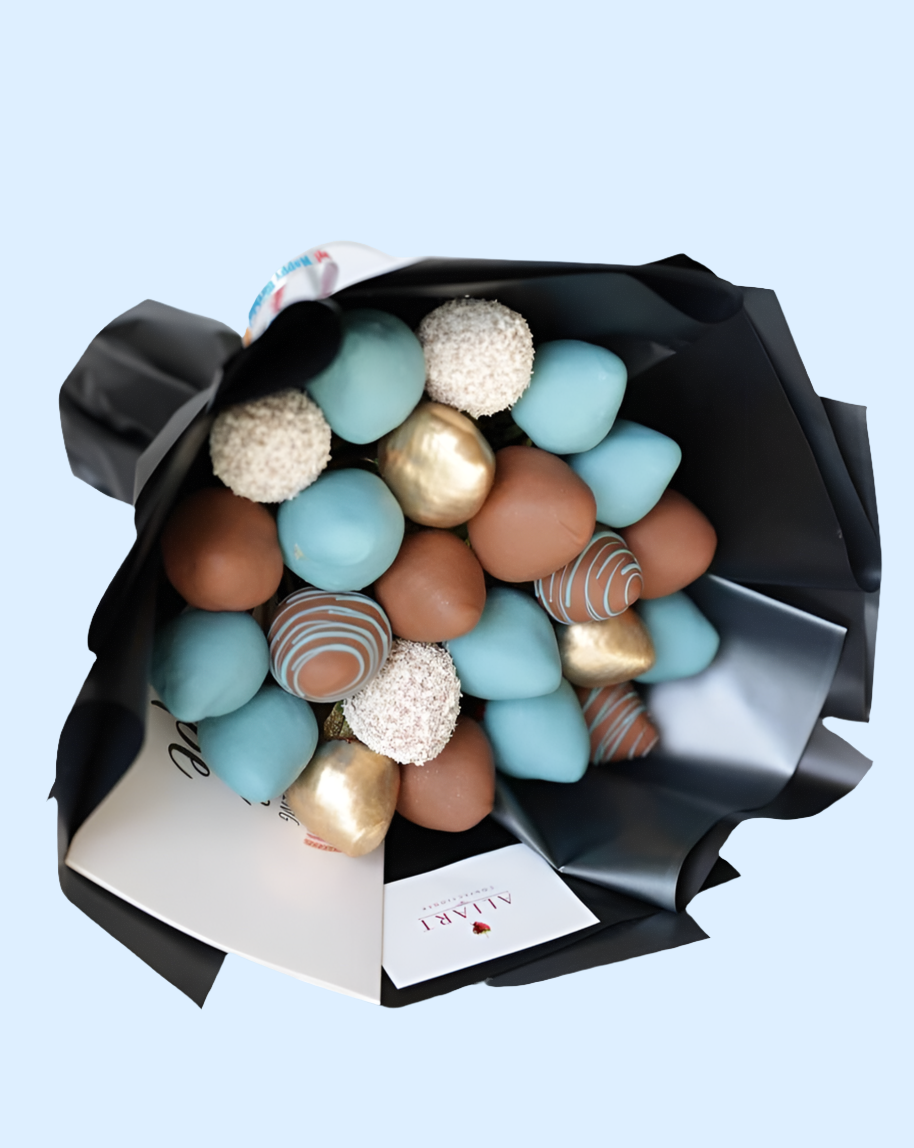 A stunning bouquet of luscious, fresh strawberries, artfully arranged and wrapped in elegant paper. Perfect for gifting or indulging yourself. Treat yourself or a loved one to this sweet and unique delight today!