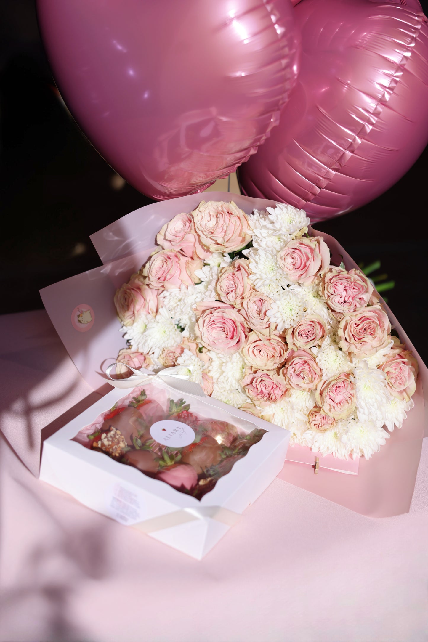 Delight your loved ones with our amazing gift set: chocolate-covered strawberries, a beautiful flower bouquet, and colorful balloons.
Indulge them in sweet treats, express your feelings with vibrant blooms, and create a festive atmosphere with cheerful balloons. This combination is perfect for birthdays, romantic dates, or just to brighten someone’s day.
Order now and make every moment special!