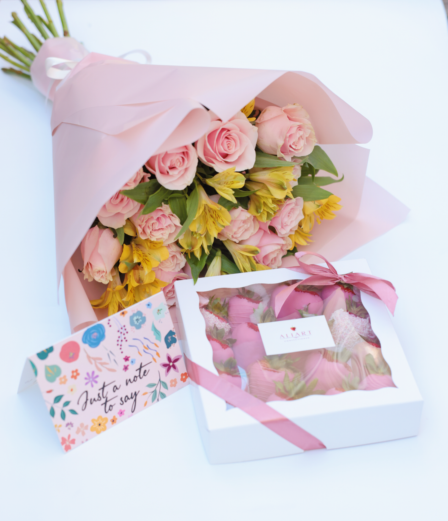 Celebrate special moments with our delightful set featuring luxurious chocolate-covered strawberries, vibrant seasonal flowers, and a personalized greeting card. Each strawberry is hand-dipped in smooth, rich chocolate, creating a delectable treat that pairs perfectly with the fresh, colorful blooms. This beautifully arranged set is completed with a heartfelt greeting card, making it an ideal gift for any occasion.