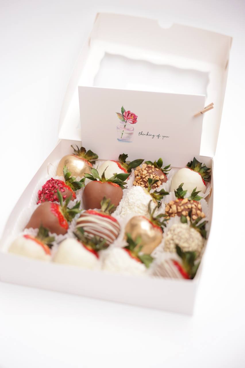 Indulge in luxury with our box of decadent chocolate-covered strawberries. Each luscious strawberry is dipped in rich, velvety chocolate, making it the perfect gift for any occasion. Order now to treat yourself or someone special to this irresistible delight!