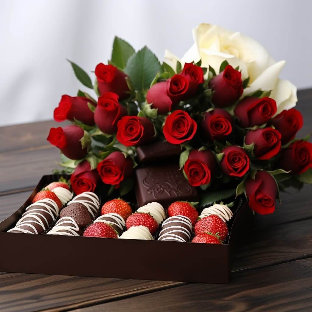 roses and chocolate covered strawberries