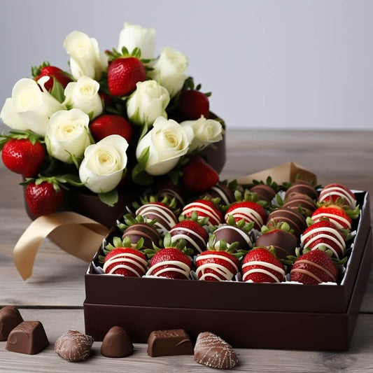 flowers with chocolate covered strawberries