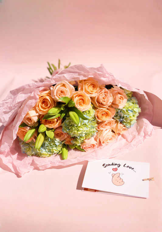 Bouquet of Roses and Seasonal Flowers + Greeting Card