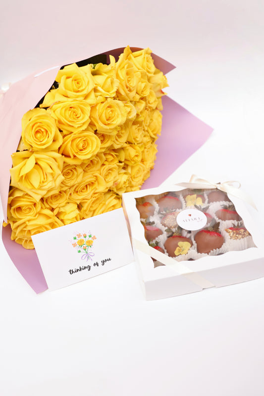 Choco Strawberries & Fresh Roses gift set — the ultimate way to show your love and appreciation. Juicy strawberries dipped in rich chocolate paired with beautiful fresh roses, plus a personalized greeting card. Perfect for any special occasion or romantic gesture. Order now to create a memorable and heartfelt gift!