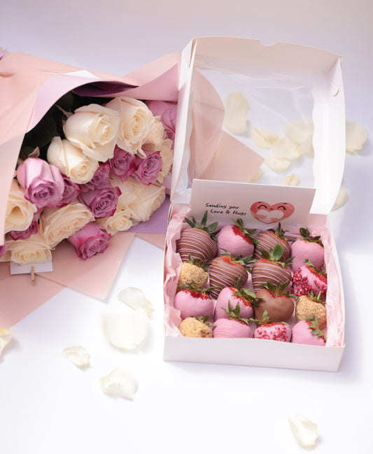 chocolate strawberries and fresh roses set NYC
