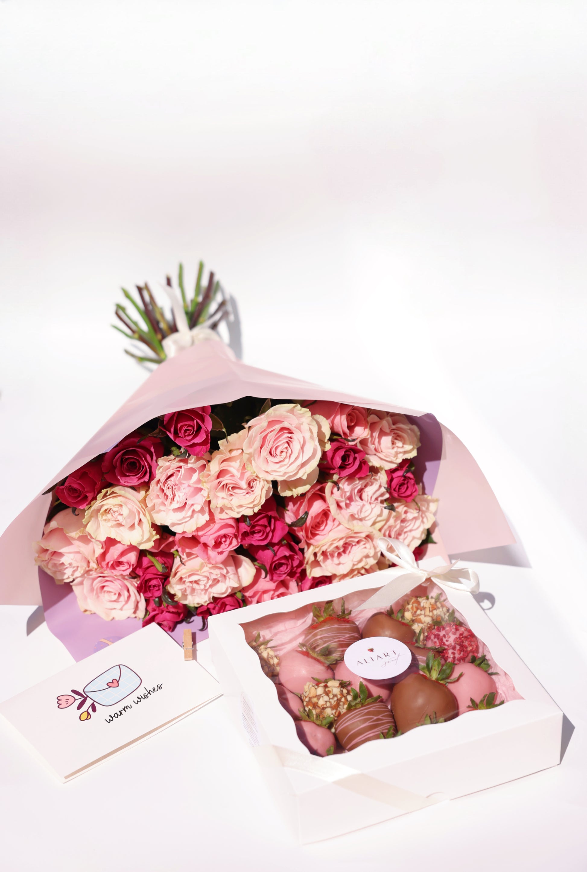 fresh roses with Belgian chocolate strawberries
