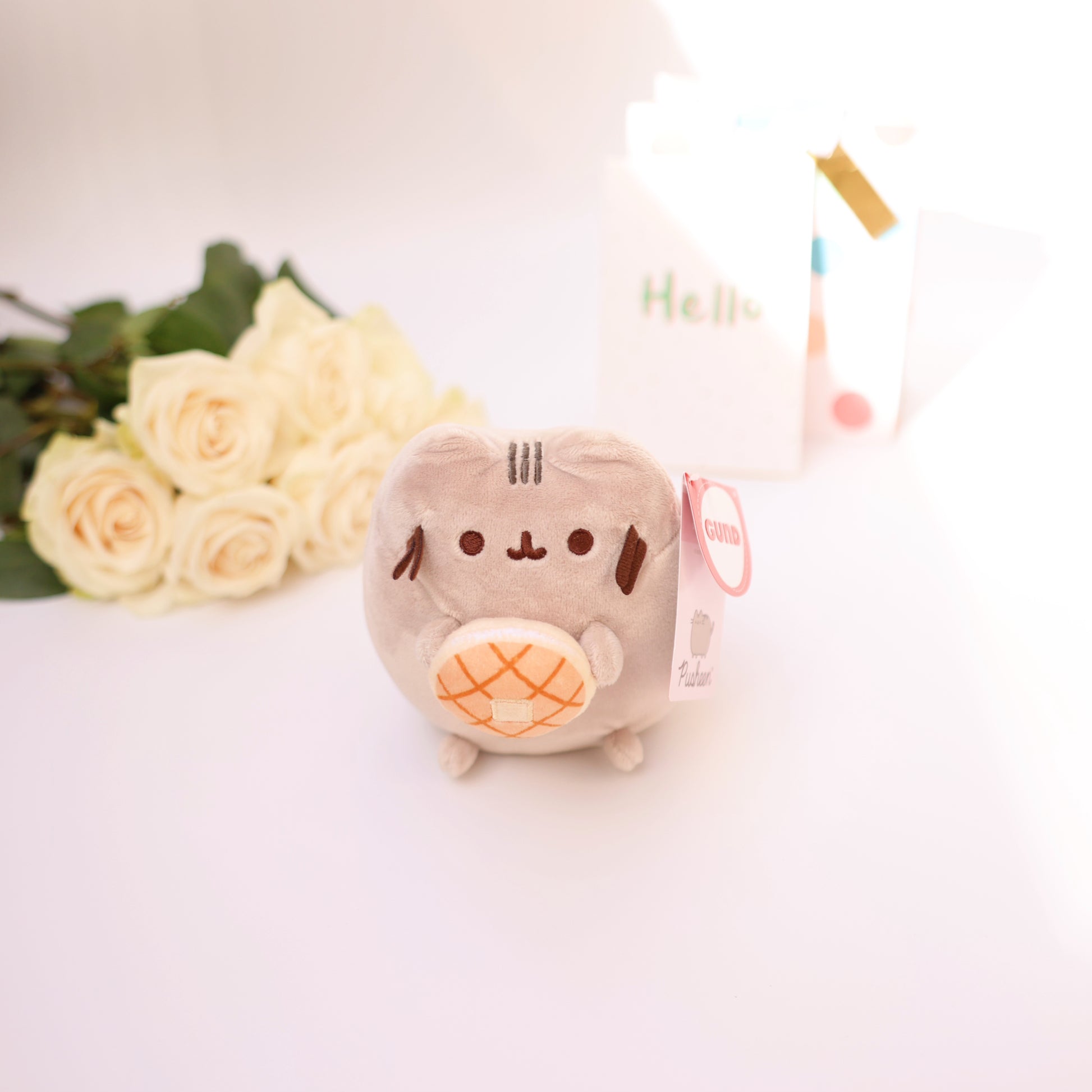 Soft plush kitty holding a donut, a charming and sweet gift accessory.