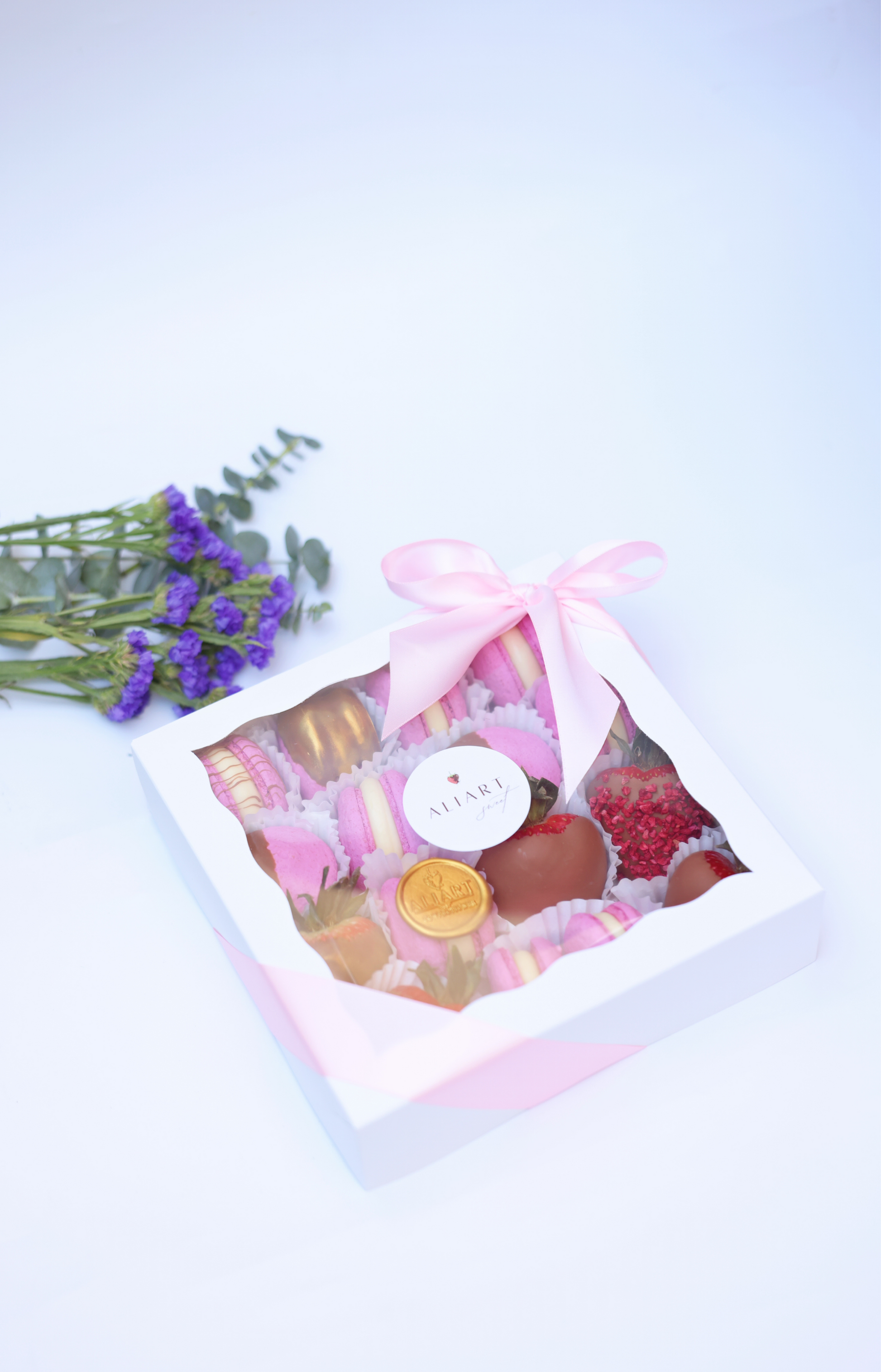 Belgian chocolate strawberries with fruit macarons NYC delivery
