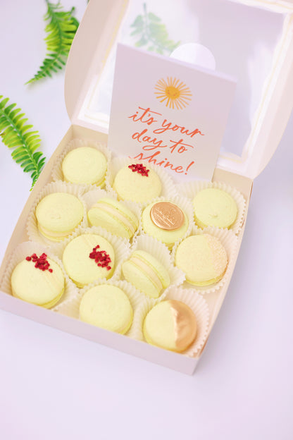 lemon passion fruit macarons with chocolate blueberries NYC