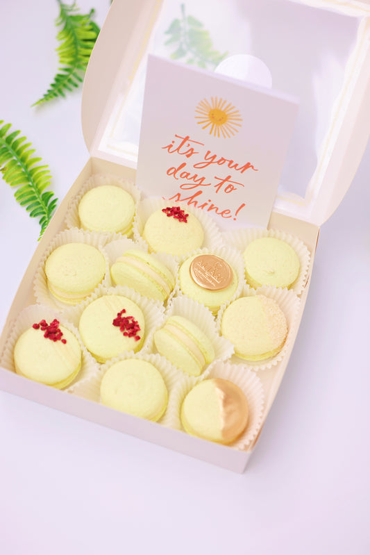 lemon passion fruit macarons with chocolate blueberries NYC