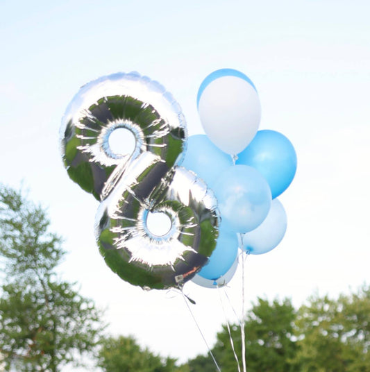 Eye-catching display of a number balloon and a bundle of bright helium balloons perfect for a birthday or anniversary