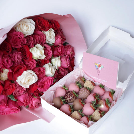 chocolate strawberries and fresh roses set NYC
